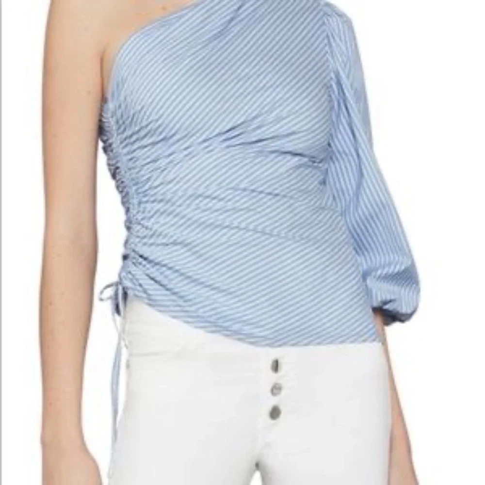 BCBGMaxAzria Blue Striped Ruched Poplin Top Size Small - Picture 7 of 15